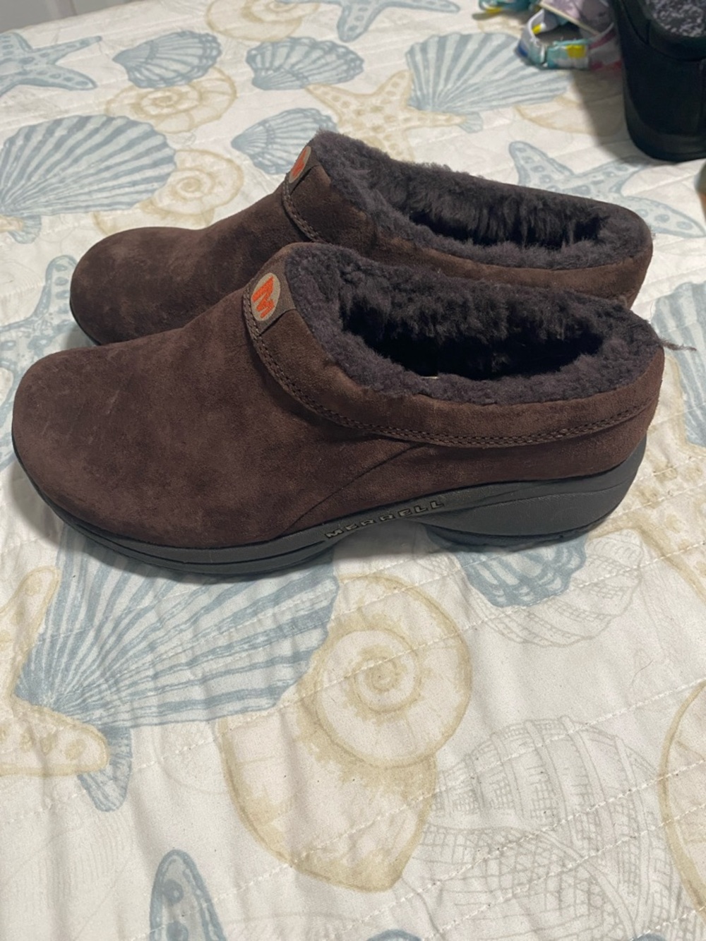 Merrell Brown Suede Shearling-Lined Clog Mules